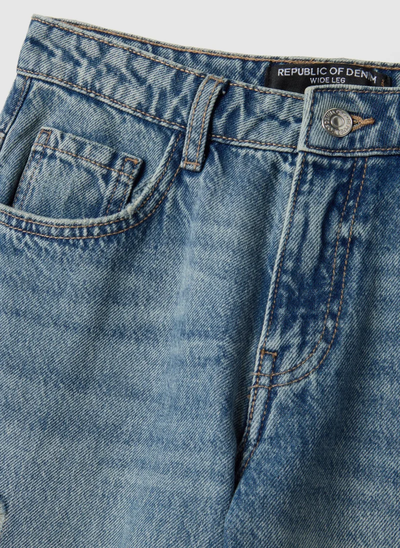 Ovs  OVS Wide Leg Blue Cotton Jeans With Rips for Women | Best Price UAE